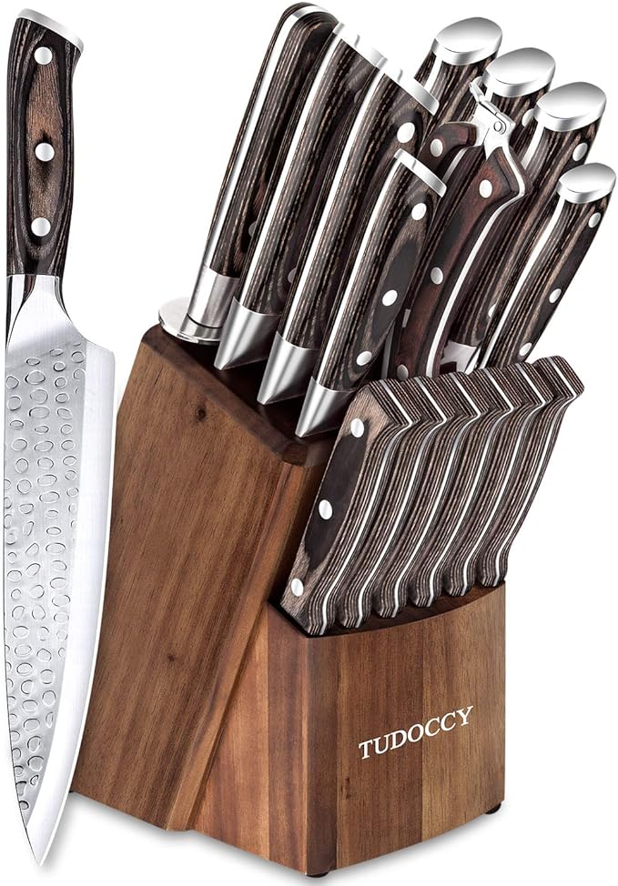 Kitchen Knife Set, 16-Piece Knife Set with Built-in Sharpener and Wooden Block, Precious Wengewood Handle for Chef Knife Set, German Stainless Steel Knife Block Set, Ultra Sharp Full Tang Forged